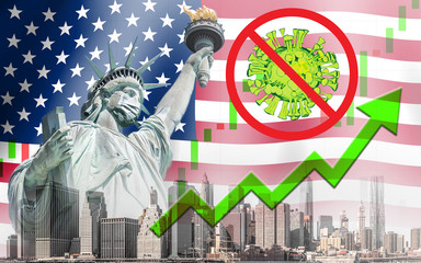 Concept of economic recovery after found vaccine and the coronavirus pandemic end, uptrend stock with green arrow and The Statue of Liberty with mask background in United States