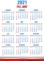 Poland Calendar with flag. Month, day, week. Simply flat design. Vector illustration background for desktop, business, reminder, planner