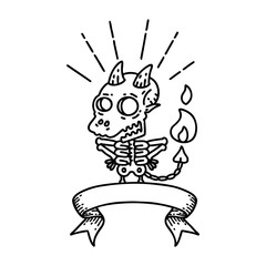 banner with black line work tattoo style skeleton demon character