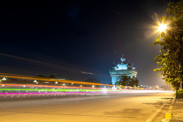 Motion Speed Light With lenes fair Effect On the Road Near Patuxai monument in the centre of Vientiane Laos