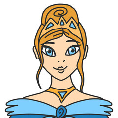 Face princess of a cute princess. The girl is blonde in the crown. Vector illustration of a young queen with blue eyes. Crown, long hair and a blue chic dress