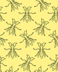 Fototapeta premium Top view outline style wasps seamless pattern on yellow background