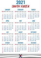 South Korea Calendar with flag. Month, day, week. Simply flat design. Vector illustration background for desktop, business, reminder, planner