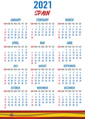 Spain Calendar with flag. Month, day, week. Simply flat design. Vector illustration background for desktop, business, reminder, planner