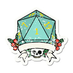 natural one d20 dice roll grunge sticker