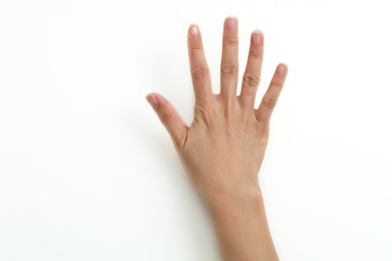 Obraz premium Woman hand gesture with spaced fingers isolated on white background