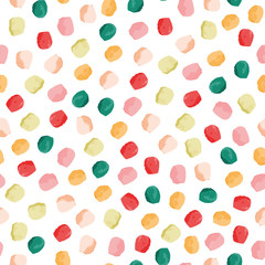 Textural dots vector seamless pattern. Girly seamless pattern. Pink, green, yellow, red circles on white background. Vector illustration. Surface pattern design.