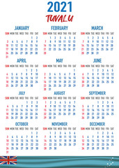 Tuvalu Calendar with flag. Month, day, week. Simply flat design. Vector illustration background for desktop, business, reminder, planner