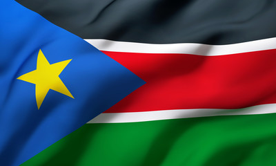 Flag of South Sudan blowing in the wind. Full page South Sudanese flying flag. 3D illustration.