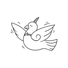 Outlined illustration hand-drawn pigeon with a unicorn horn isolated on white background for children learning and colouring. Vector graphic.