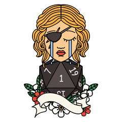 crying human rogue with natural one D20 roll illustration