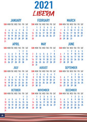 Liberia Calendar with flag. Month, day, week. Simply flat design. Vector illustration background for desktop, business, reminder, planner