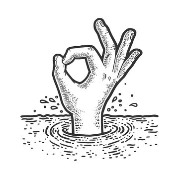drowning man shows ok sign sketch engraving vector illustration. T-shirt apparel print design. Scratch board imitation. Black and white hand drawn image.