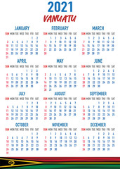 Vanuatu Calendar with flag. Month, day, week. Simply flat design. Vector illustration background for desktop, business, reminder, planner