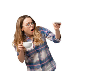 Young caucasian woman using smartphone, devices, gadgets isolated on white studio background....