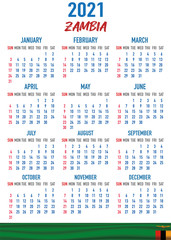 Zambia Calendar with flag. Month, day, week. Simply flat design. Vector illustration background for desktop, business, reminder, planner