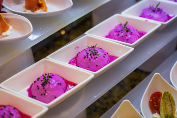 Traditional Turkish sweets at the open buffet in a hotel in Turkey