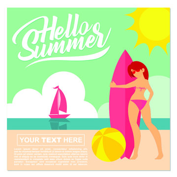 Hello Summer Beach Girl Theme Background