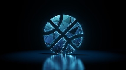 3d rendering wireframe neon glowing symbol of basketball ball on black background with reflection
