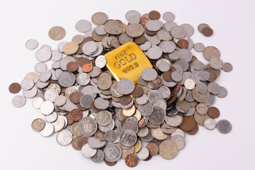 Coins and gold on white background, monetary system