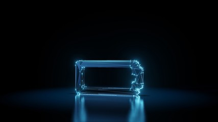 3d rendering wireframe neon glowing horizontal symbol of battery empty on black background with reflection