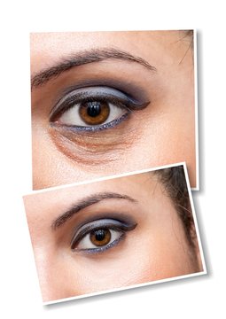 Closeup of young caucasian woman eyes with makeup. Comparison of before and after beauty care intervention. Health and skin care concept...