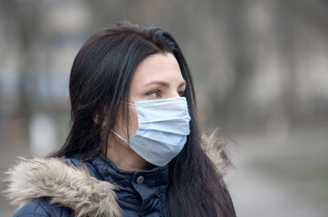 Woman wearing face mask because of Air pollution or virus epidemic in the city
