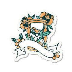 grunge sticker with banner of an hour glass and flowers