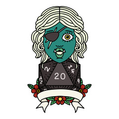 half orc rogue character with natural twenty dice roll illustration