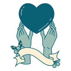 tattoo with banner of a hands reaching for a heart