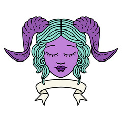 tiefling character face with scroll banner illustration