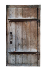 Vieille porte fermée en bois isolée sur fond blanc.