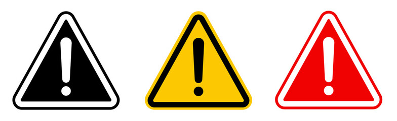 Caution alarm set, danger sign collection, attention vector icon, yellow, red and black fatal error message element, exclamation mark of warning attention icon - obrazy, fototapety, plakaty