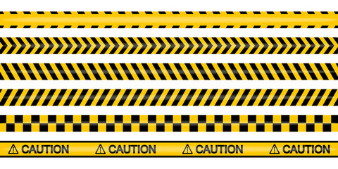 Yellow and black police tape for warning of dangerous areas, caution tapes, warning tape sets must be careful for construction and crime