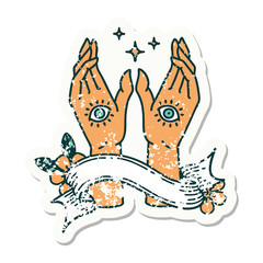 grunge sticker with banner of mystic hands