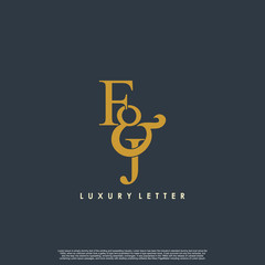 Obraz premium Initial letter F & J FJ luxury art vector mark logo, gold color on black background.