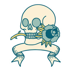 tattoo with banner of a skull and rose