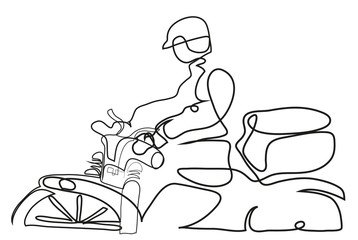 One continuous line drawing of  Delivery Man Ride Motorcycle.
illustration of delivery with motorbike.