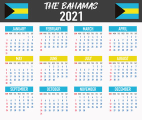 Bahamas Calendar with flag. Month, day, week. Simply flat design. Vector illustration background for desktop, business, reminder, planner