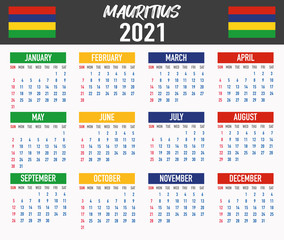 Mauritius Calendar with flag. Month, day, week. Simply flat design. Vector illustration background for desktop, business, reminder, planner