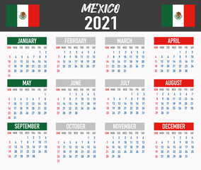Mexico Calendar with flag. Month, day, week. Simply flat design. Vector illustration background for desktop, business, reminder, planner