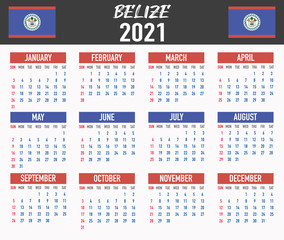 Belize Calendar with flag. Month, day, week. Simply flat design. Vector illustration background for desktop, business, reminder, planner