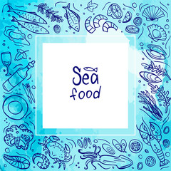 Doodle seafood on blue watercolor background. Vector illustration. Perfect for dessert menu or food package design.