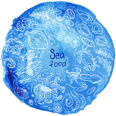 Doodle seafood on circle blue watercolor background. Vector illustration. Perfect for dessert menu or food package design.