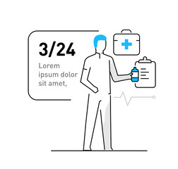 Woman stands with medicine, health, medication, treatment. Family, relationships, convenience, work, home. Infographics, line, advertising, banner, video