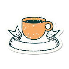 grunge sticker with banner of cup of coffee