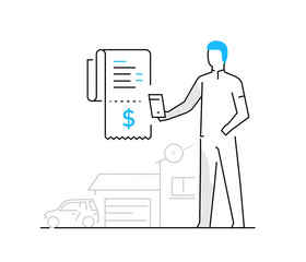 woman pays housing bill. Family, relationships, convenience, work, home. Infographics, line, advertising, banner, video