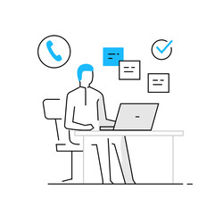 woman in office at laptop. business, work, orders. line icon illustration