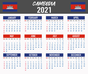 Cambodia Calendar with flag. Month, day, week. Simply flat design. Vector illustration background for desktop, business, reminder, planner