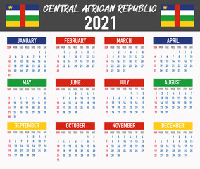 Central African Republic Calendar with flag. Month, day, week. Simply flat design. Vector illustration background for desktop, business, reminder, planner